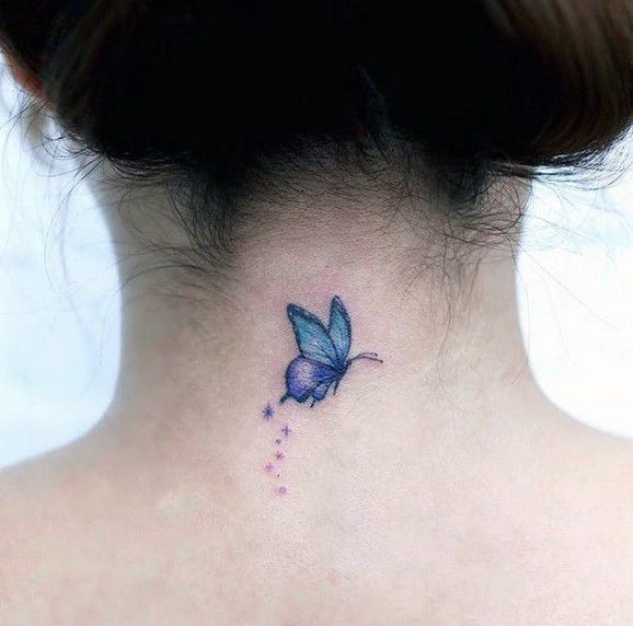 Purple Winged Moth Womens Tattoo Neck