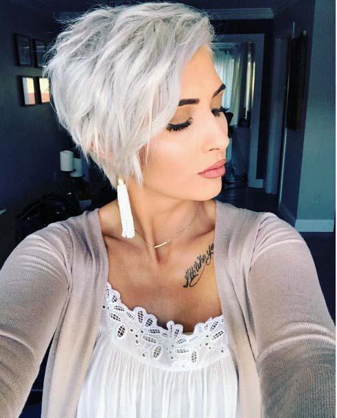 Quirky Ashy Grey Platinum Blonde Hairstyles For Women Textured Layered Pixie