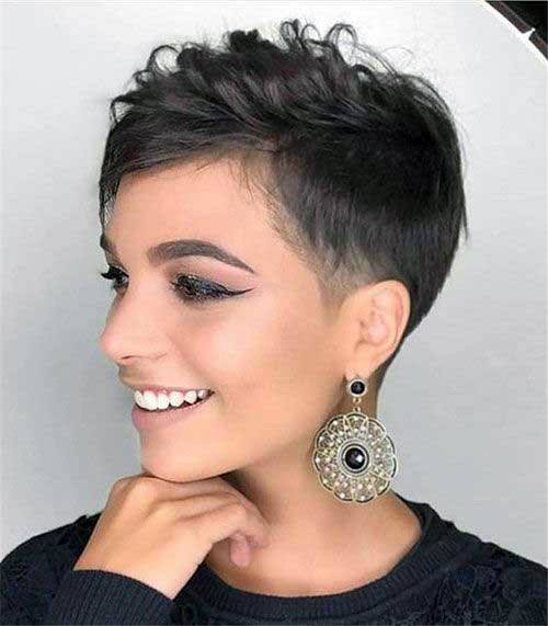 Quirky Shiny Black Side Swept Shaved Side Pixie Womens Hairstyle