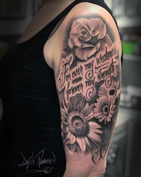 Quote And Floral Tattoo Women Arms