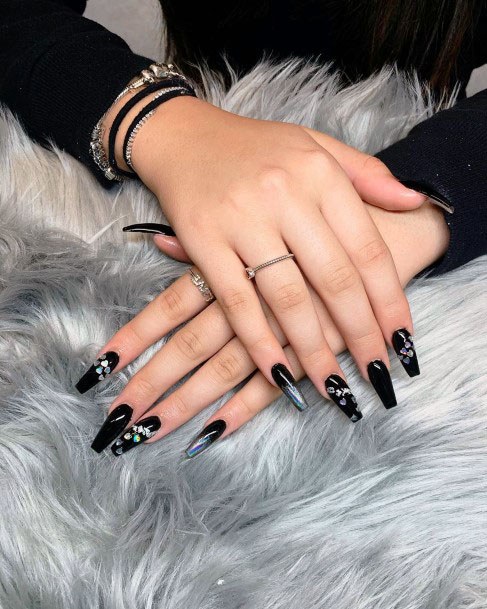 Radiating Sparkles On Black And Silver Nails For Women