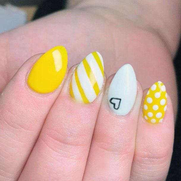 Radient Gorgeouse Almond Yellow And White Stripes Polka Dot Black Heart Inspiration For Girls