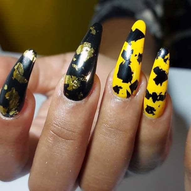 Raging Black Designs On Yellow Nails Women