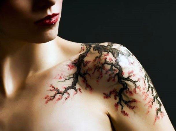 Raging Red Tree Tattoo Womens Shoulder