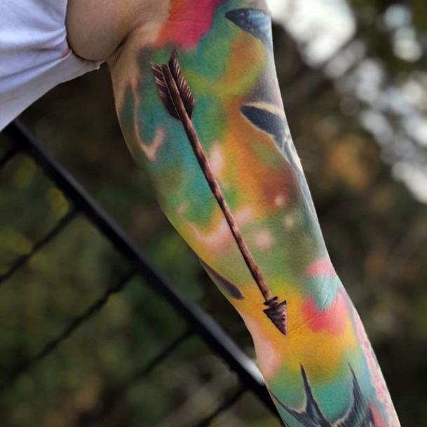 Rainbow Colored Tattoo And Arrow Forearm