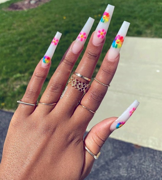 Rainbow Cute Sticker Art On Long White Nails Women