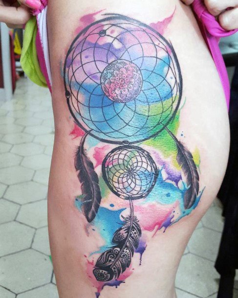 Rainbow Dream Catcher Tattoo Womens Thigh