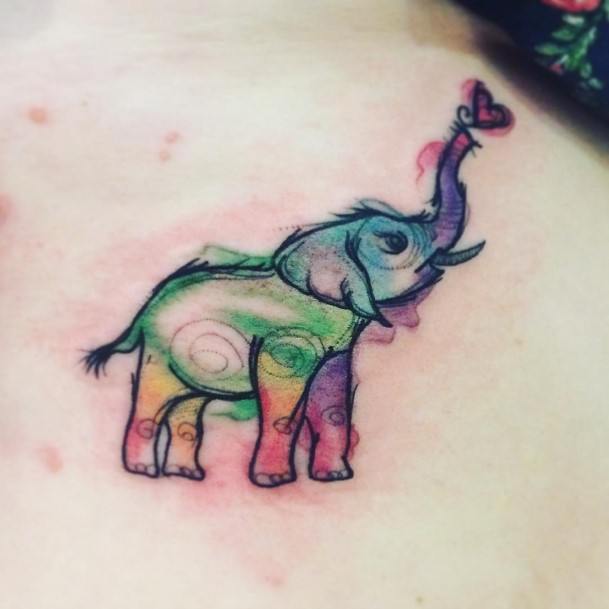 Rainbow Elephant With Heart Tattoo Womens Back