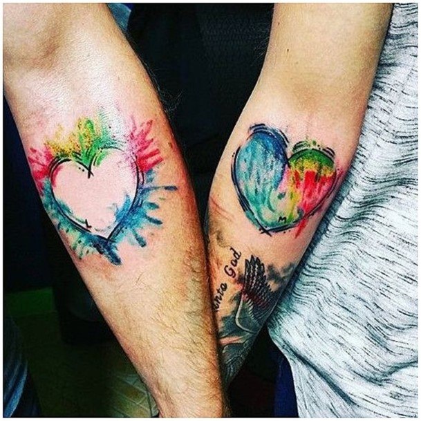 Rainbow Hearts Couple Tattoo Forearms