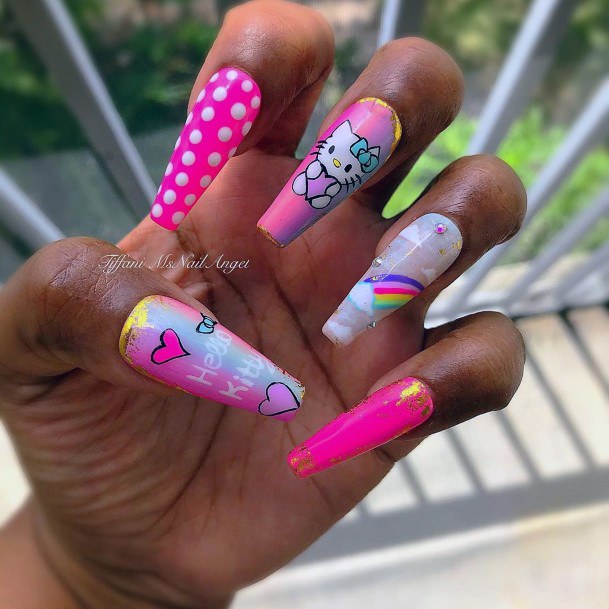 Rainbow Pink Toned Hello Kitty Nails