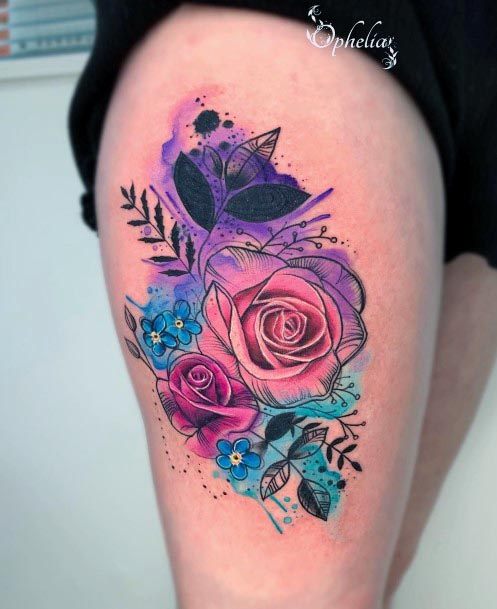Rainbow Rose Tattoo Womens Thighs