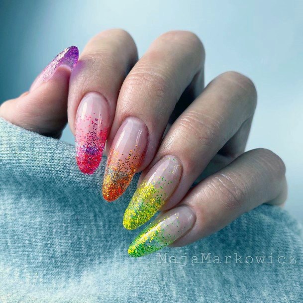 Rainbow Sparkles On Transparent Nails For Women