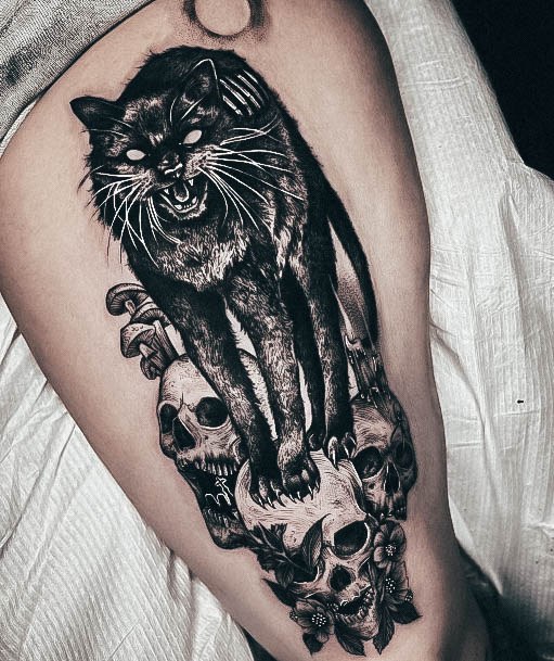 Ravishing Black Cat Tattoo On Female