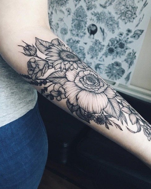 Ravishing Black Flowers Womens Tattoo Forearms