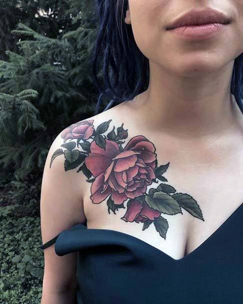 Ravishing Magenta Blossoms Womens Collarbone Tattoo