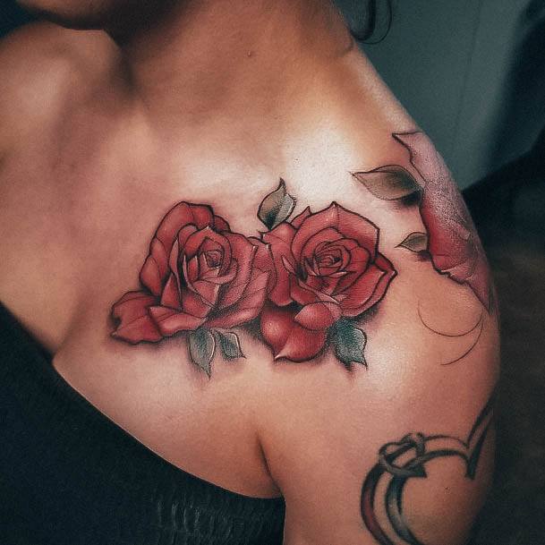 Ravishing Rose Shoulder Tattoo On Female