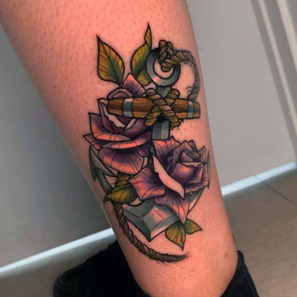 Real Roses Tattoo On Anchor Women