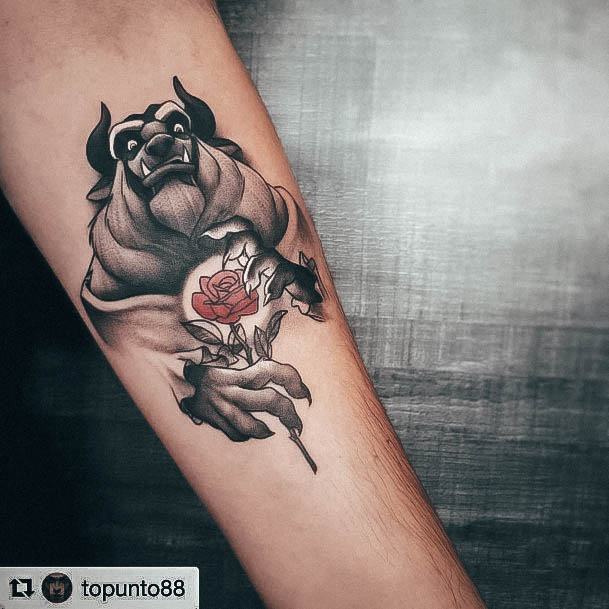 Realism Beast And Rose Forearm Tattoo For Women Beauty And The Beast Designs