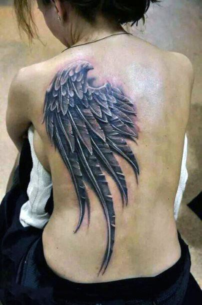 Realistic Black Angel Wings Tattoo Womens Back