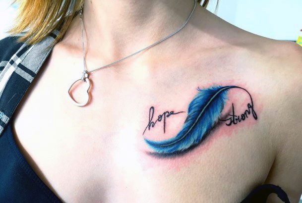 Realistic Blue Feathered Infinity Tattoo Womens Shoulder