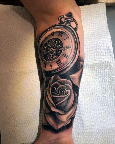 Realistic Clock And Roses Tattoo Womens Hands