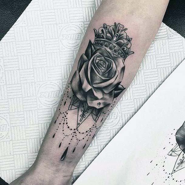 Realistic Rose And Crown Tattoo For Women