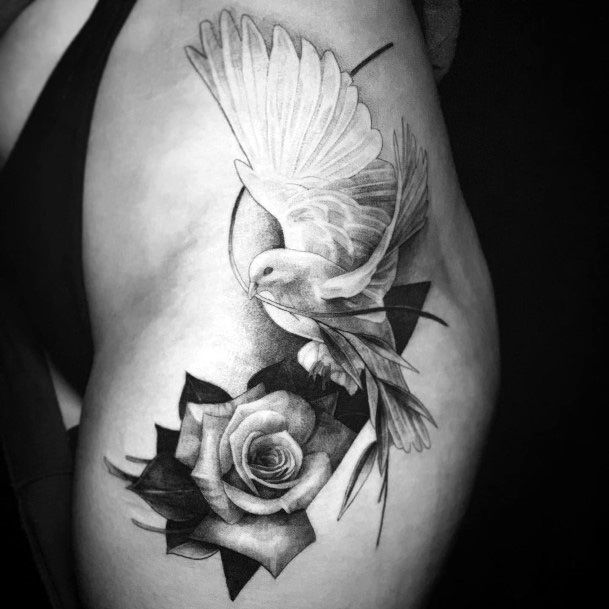 Realistic Rose And Dove Tattoo Womens Arms