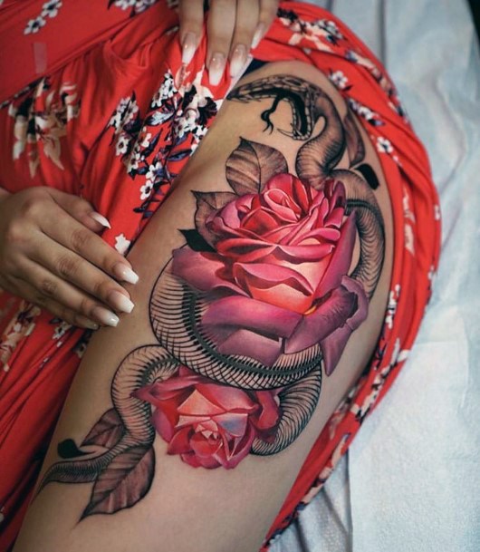 Realistic Rose And Snake Tattoo Womens Thighs