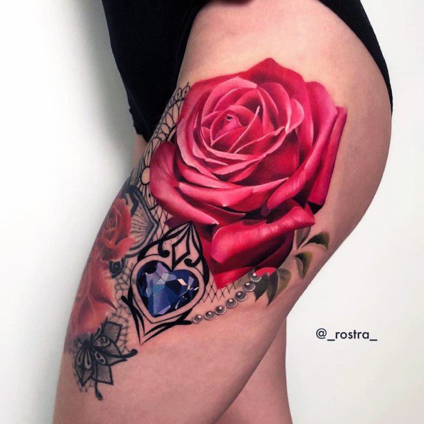 Realistic Rose And Sparkling Blue Sapphire Tattoo Womens Thighs