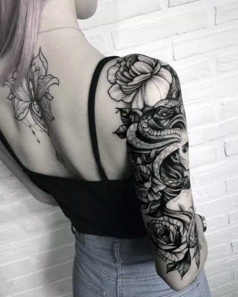 Realistic Snake And Floral Grey Tattoo Womens Upper Arms