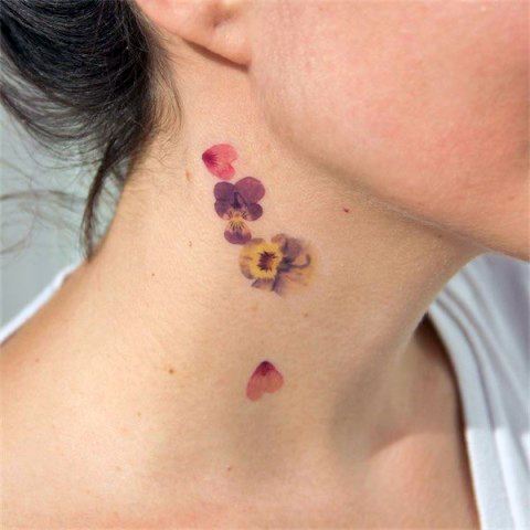 Realistic Thin Petals On Neck Tattoo For Women