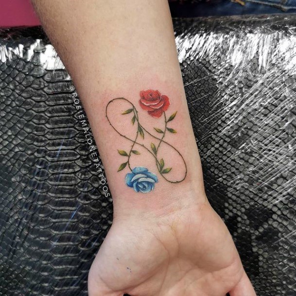 Red And Blue Rose Infinity Tattoo Women