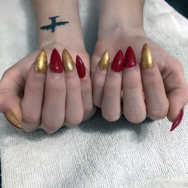 Red And Gold Block Color Nails Women