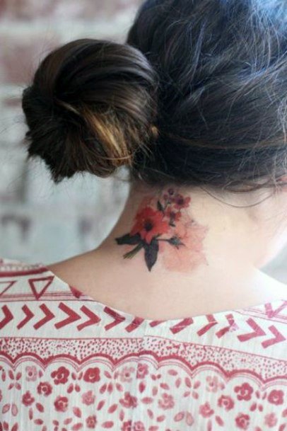 Red And Orange Soft Petal Neck Tattoo For Women