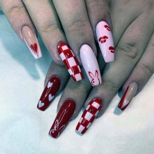 Red And Pink Artistic Nails For Women