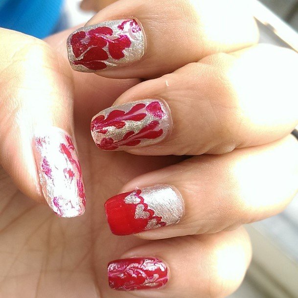 Red And Silver Female Nail Designs