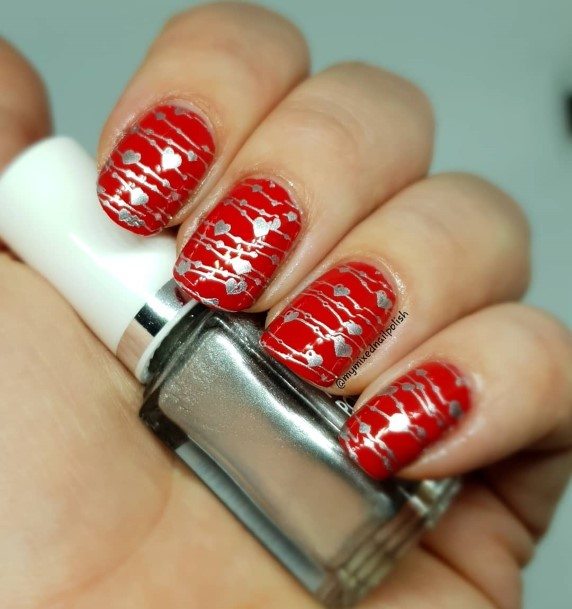 Red And Silver Womens Nail Ideas