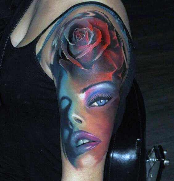 Red And Violet Half Sleeve Tattoo Women