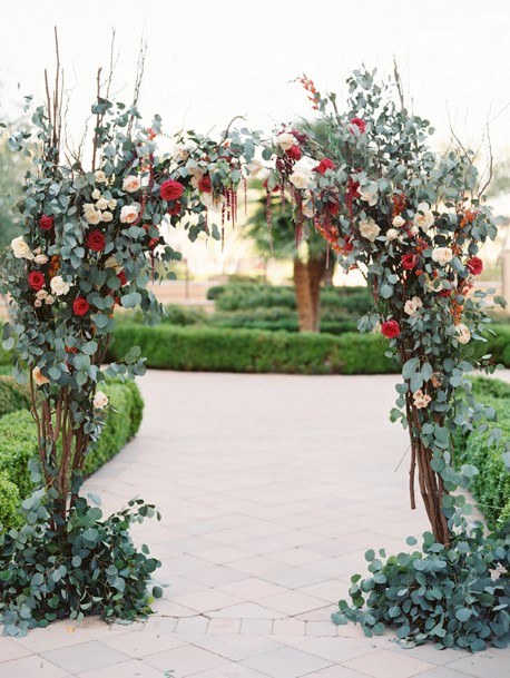 Red And White Flowers With Green Wedding Arch Ideas