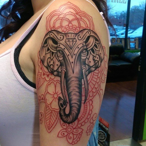 Red Art And Elephant Tattoo Womens Arms