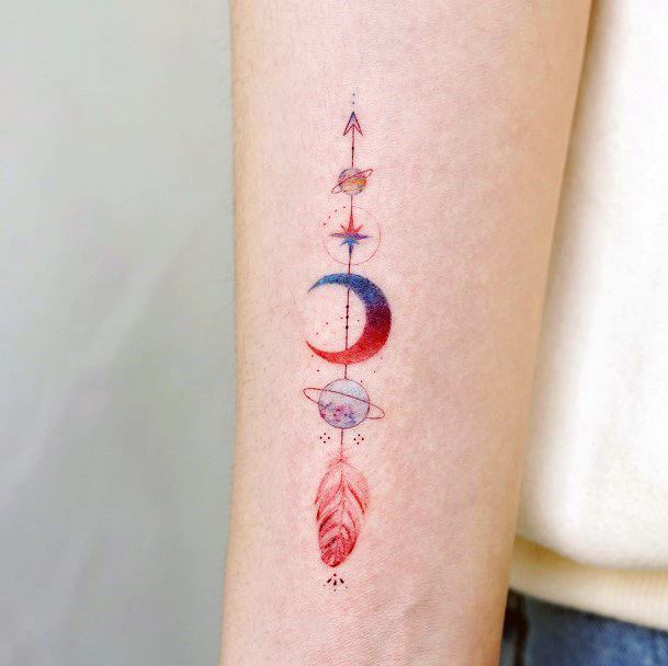 Red Blue Moon And Arrow Tattoo Womens Hands