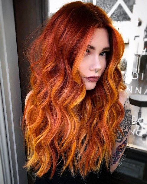 Red Bold Trendy Haircut Inspirations Female Long Shiny High Lights