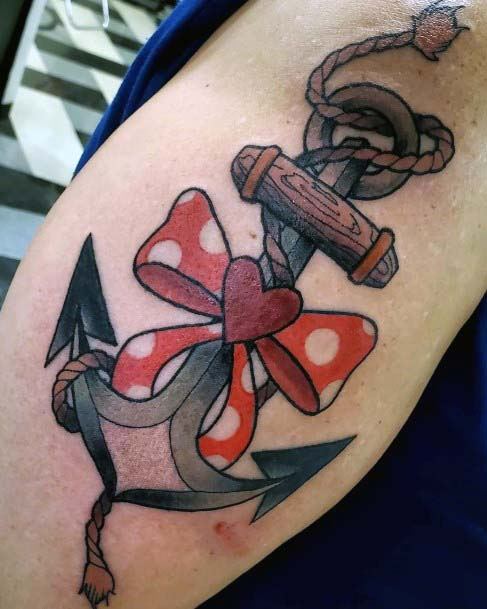 Red Bow On Anchor Tattoo Women