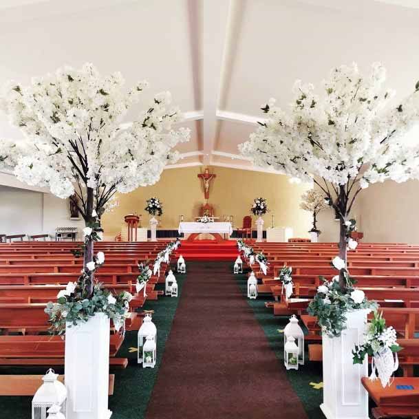 Red Carpeted White Floral Theme Church Wedding Decorations