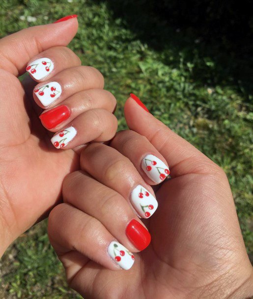 Red Cherries And Gel White Nails