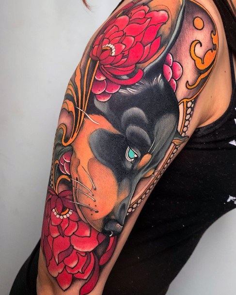 Red Colored Flowers And Dog Tattoo For Women Traditional Style