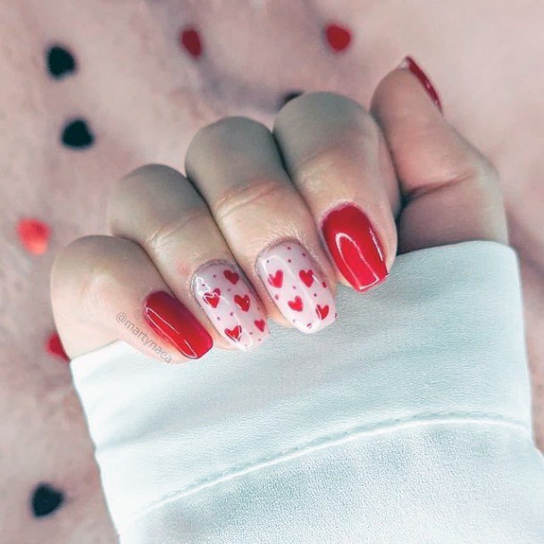 Red Floating Hearts Romantic Nails Women