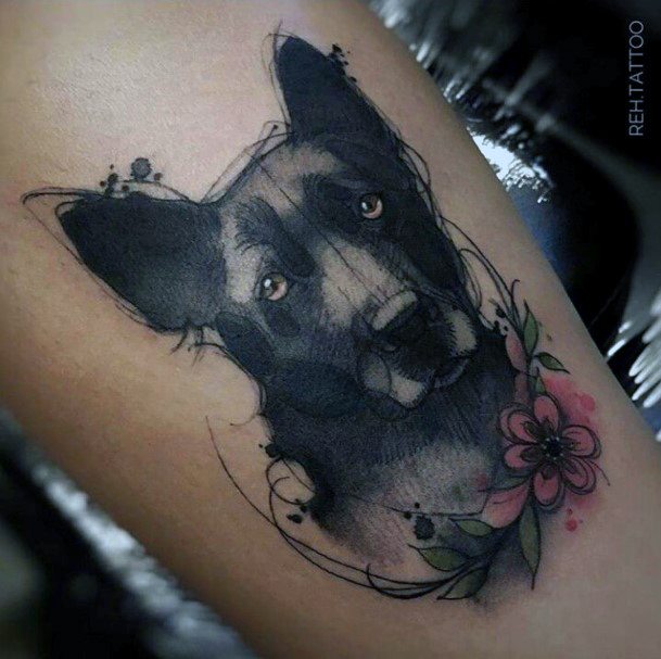 Red Flower And Dark Dog Tattoo For Women Art