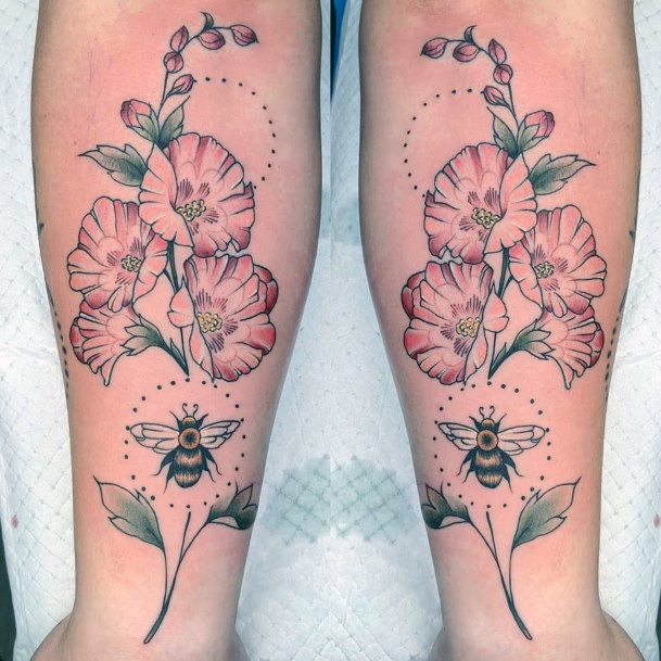 Red Flowers And Bee Tattoo For Women