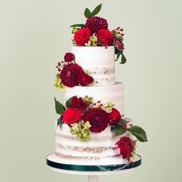 Red Flowers Decor 3 Tier Wedding Cake Women